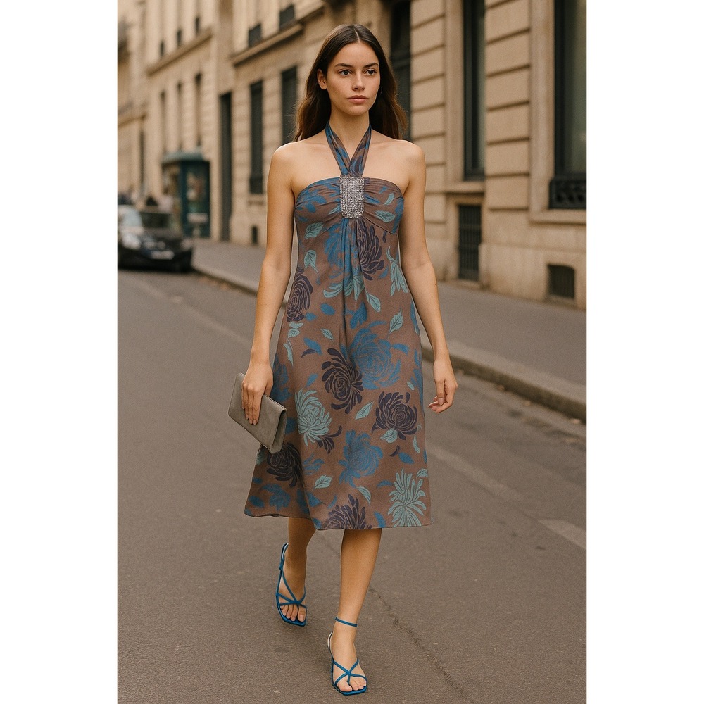 Max and Cleo Silk Floral Sequin Halter Midi Dress Women's 10 Vtg Y2K Cocktail